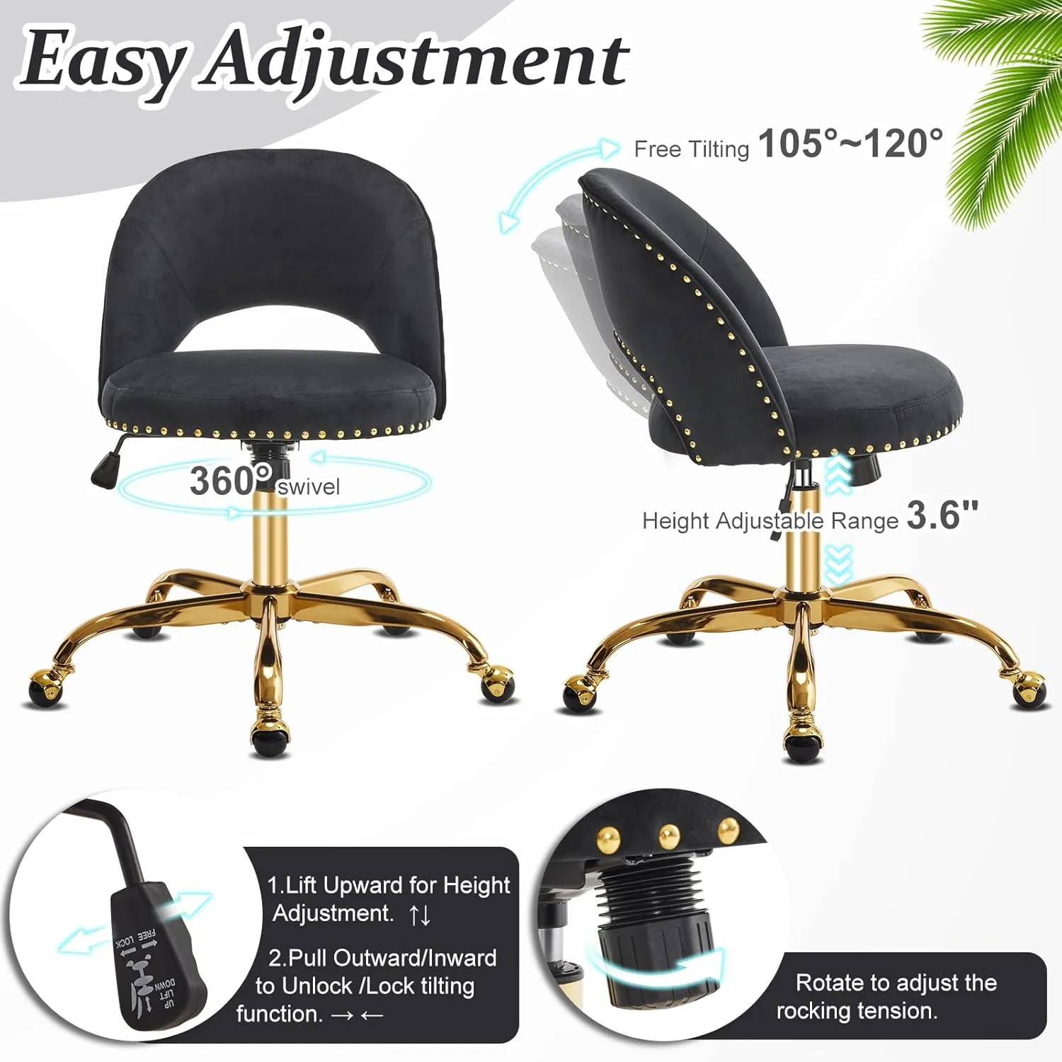 VINGLI Modern Velvet Small Office Chair,Cute Desk Chair with Wheels,Gold Base/Studs, Comfy Armless Swivel Vanity Task Chair for Women/Girl/Kids, Nail Tech Chair for Bedroom,Small Space,Black