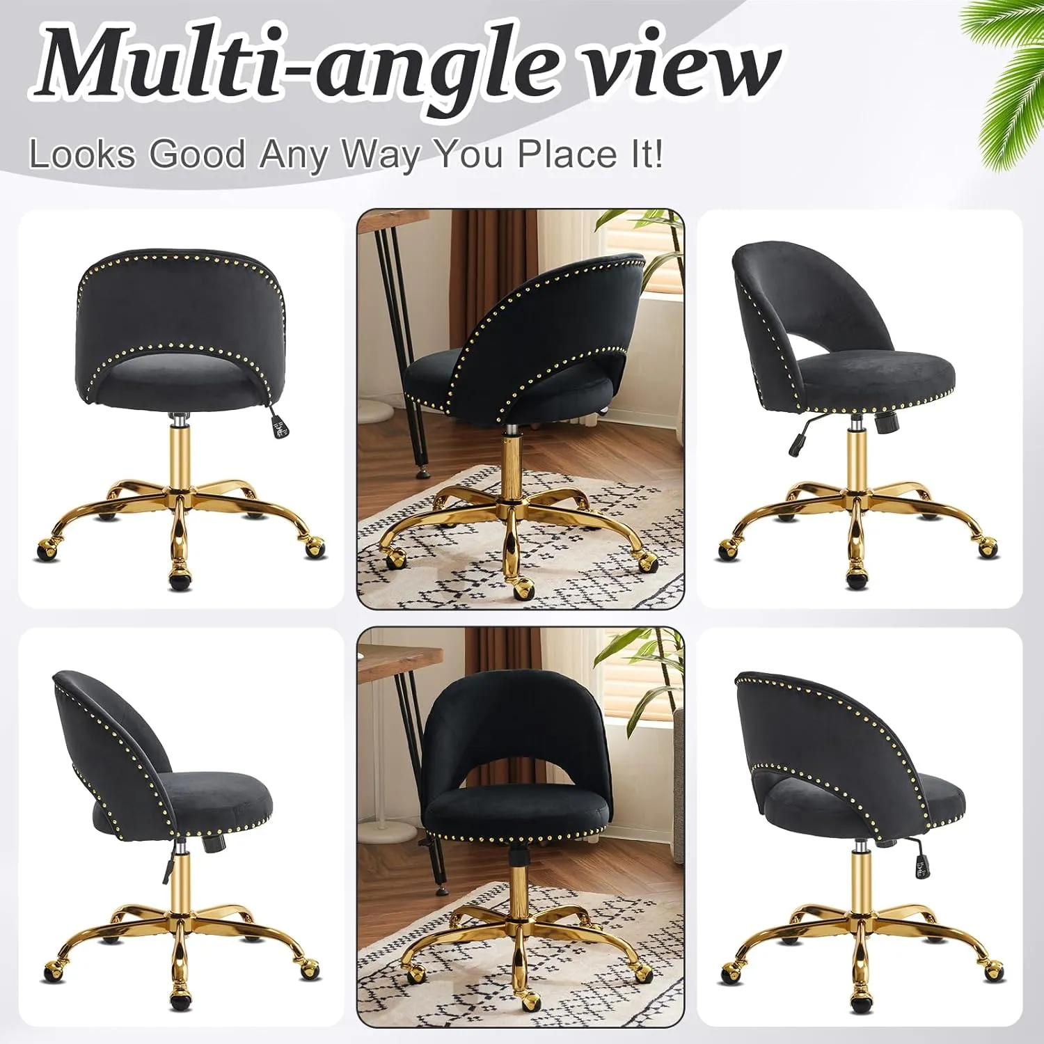 VINGLI Modern Velvet Small Office Chair,Cute Desk Chair with Wheels,Gold Base/Studs, Comfy Armless Swivel Vanity Task Chair for Women/Girl/Kids, Nail Tech Chair for Bedroom,Small Space,Black