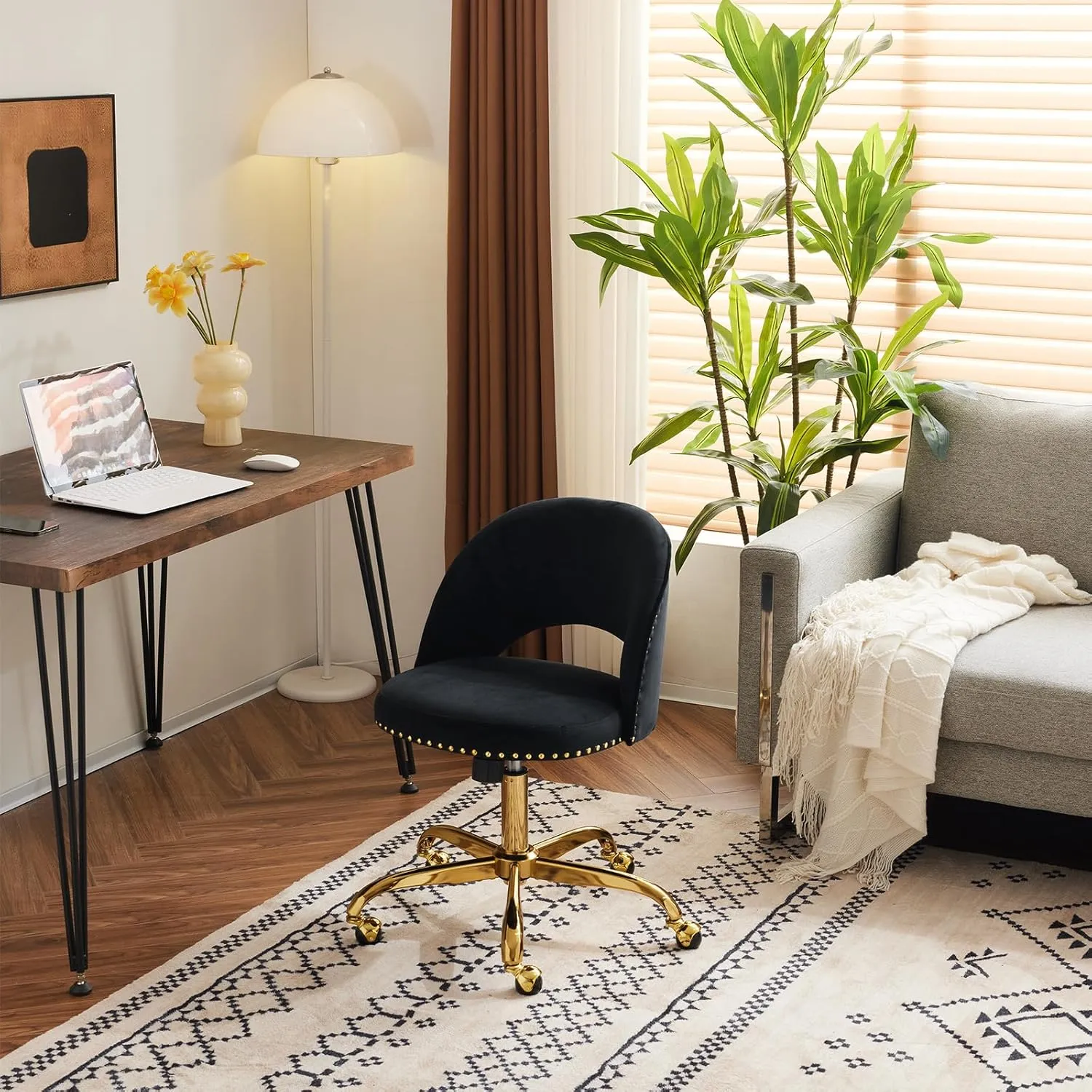 VINGLI Modern Velvet Small Office Chair,Cute Desk Chair with Wheels,Gold Base/Studs, Comfy Armless Swivel Vanity Task Chair for Women/Girl/Kids, Nail Tech Chair for Bedroom,Small Space,Black