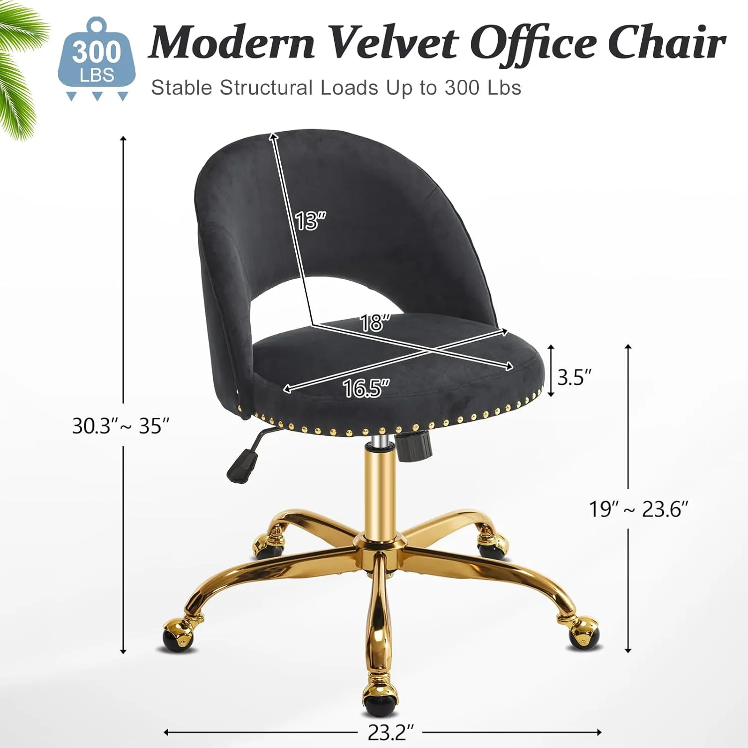 VINGLI Modern Velvet Small Office Chair,Cute Desk Chair with Wheels,Gold Base/Studs, Comfy Armless Swivel Vanity Task Chair for Women/Girl/Kids, Nail Tech Chair for Bedroom,Small Space,Black