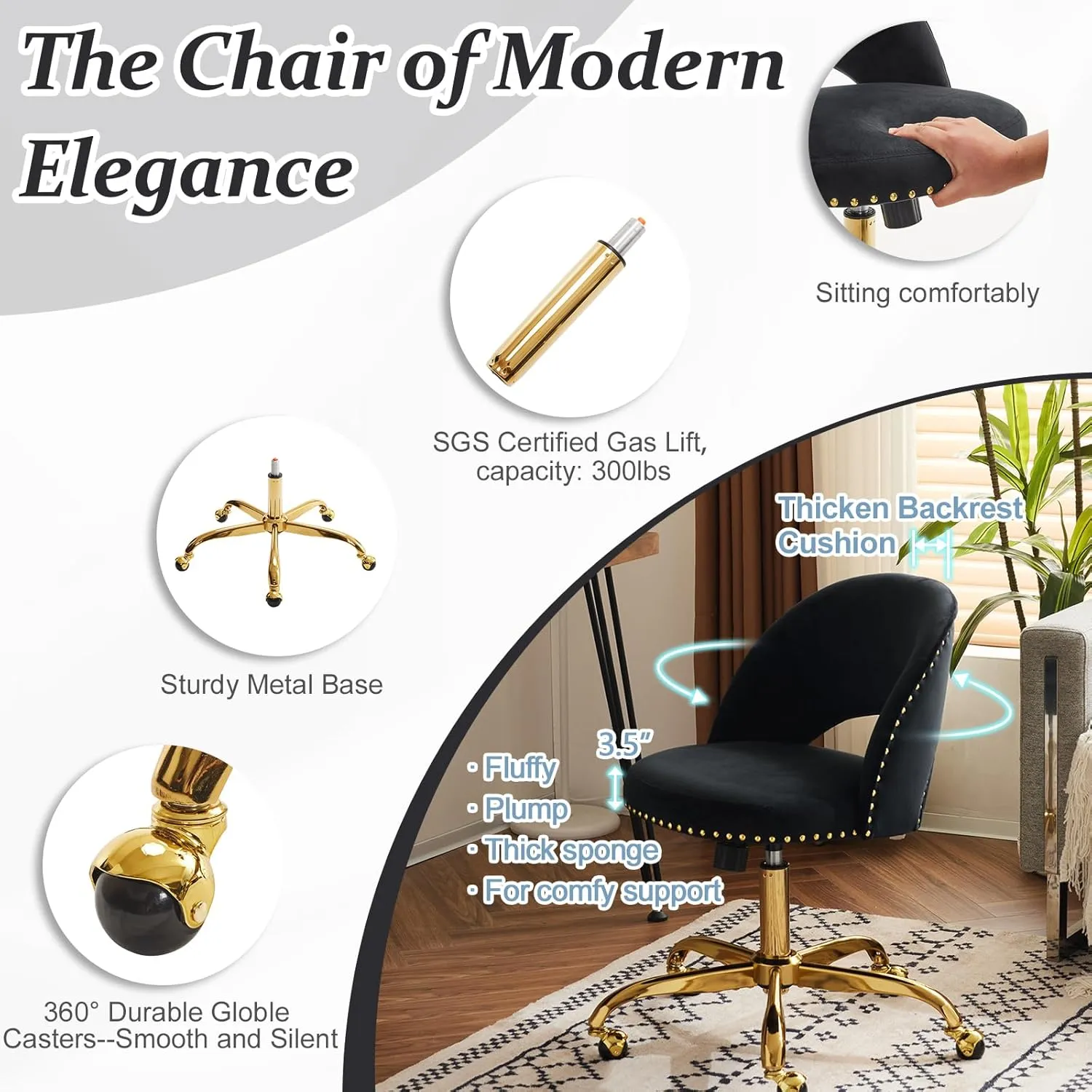 VINGLI Modern Velvet Small Office Chair,Cute Desk Chair with Wheels,Gold Base/Studs, Comfy Armless Swivel Vanity Task Chair for Women/Girl/Kids, Nail Tech Chair for Bedroom,Small Space,Black