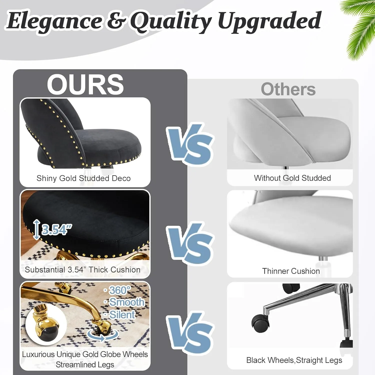 VINGLI Modern Velvet Small Office Chair,Cute Desk Chair with Wheels,Gold Base/Studs, Comfy Armless Swivel Vanity Task Chair for Women/Girl/Kids, Nail Tech Chair for Bedroom,Small Space,Black