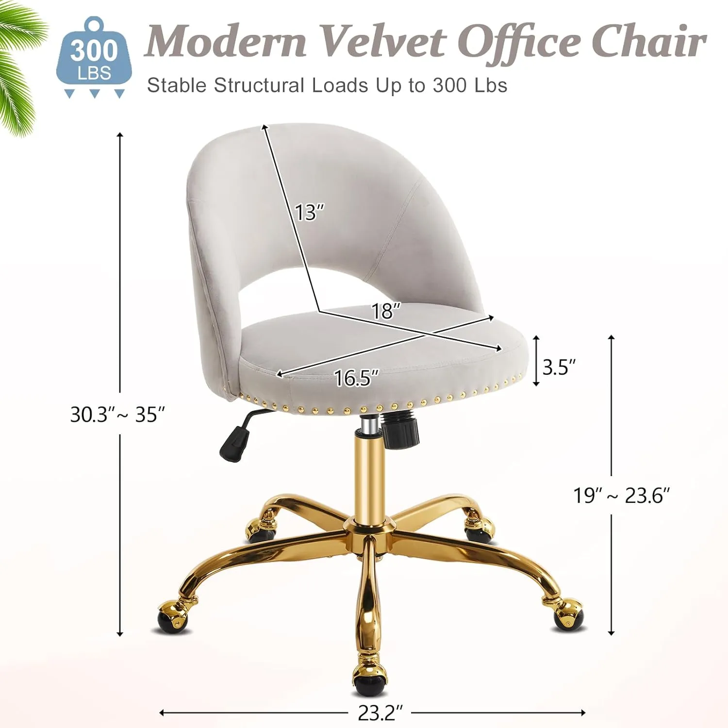 VINGLI Stylish Vanity Chair with Back, Girl Desk Chair with Silent Wheels and Velvet, Grey