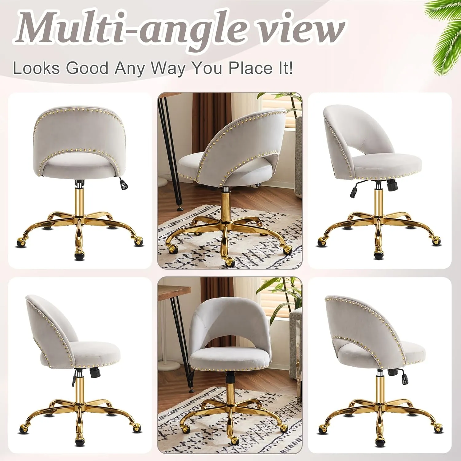 VINGLI Stylish Vanity Chair with Back, Girl Desk Chair with Silent Wheels and Velvet, Grey