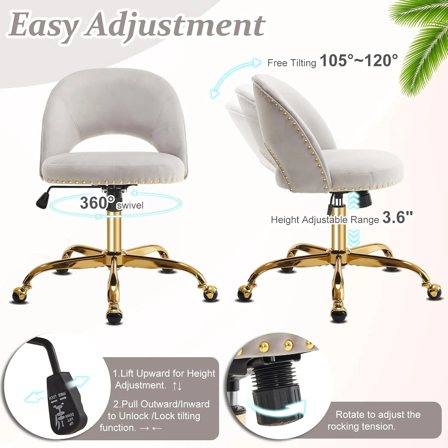 VINGLI Stylish Vanity Chair with Back, Girl Desk Chair with Silent Wheels and Velvet, Grey