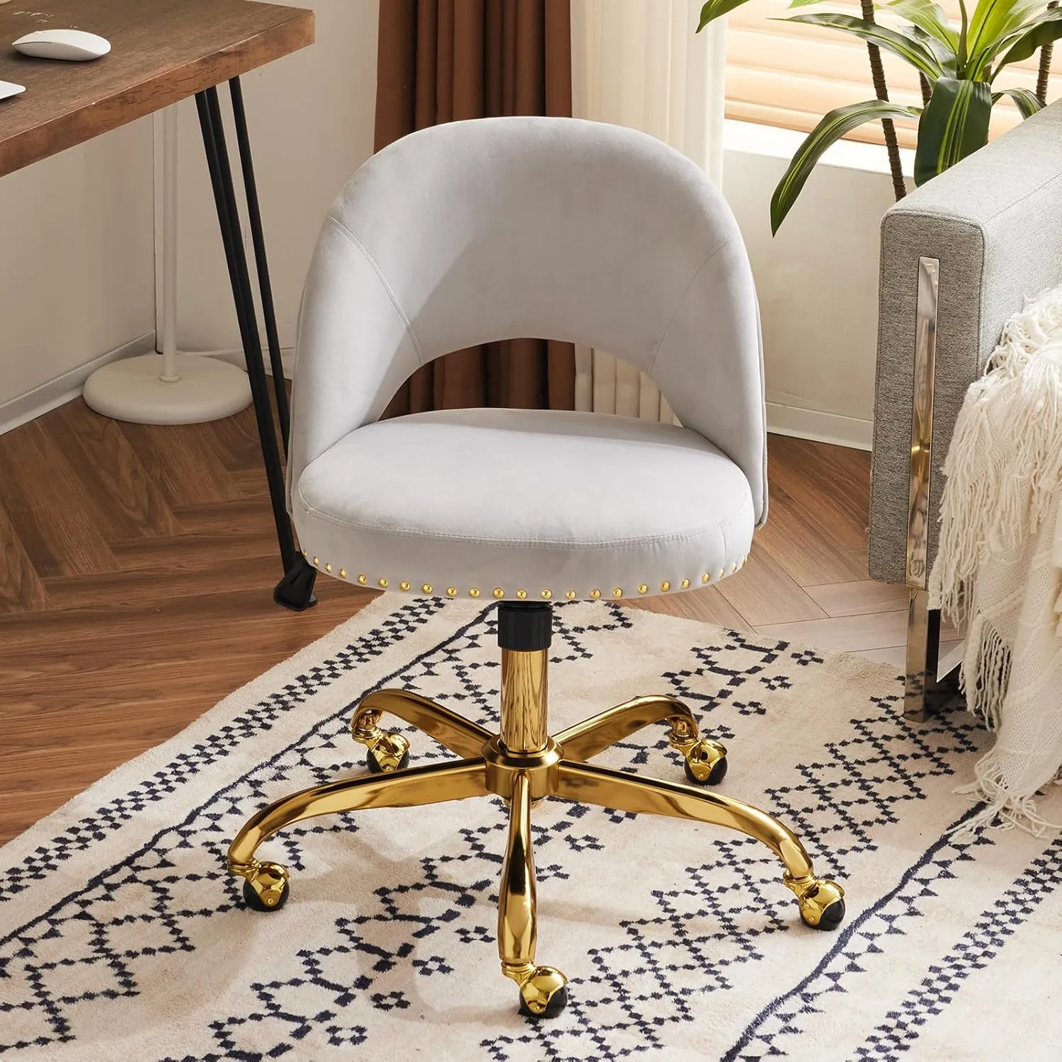 VINGLI Stylish Vanity Chair with Back, Girl Desk Chair with Silent Wheels and Velvet, Grey