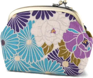 Vintage Floral Kiss Lock Coin Change Wallet Purses (Retro Flower - Purple) Tiny Slim Small Makeup Cosmetic Bag/Made in Japan Pouch for Women