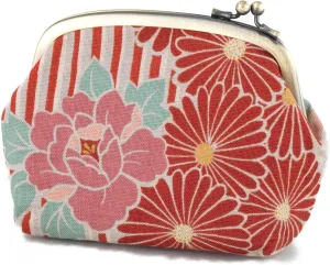 Vintage Floral Kiss Lock Coin Change Wallet Purses (Retro Flower - Red) Tiny Slim Small Makeup Cosmetic Bag/Made in Japan Pouch for Women