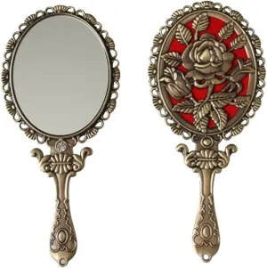 Vintage Hand Mirror with Embossed Rose on The Back Handheld Makeup Beauty Metal Mirror Compact Purse Small Mirror (Brass (Matt Gold))