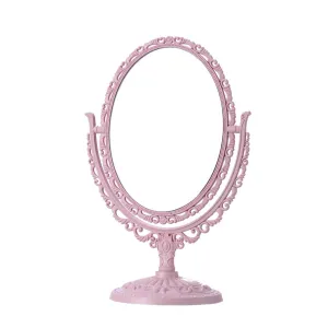 Vintage Makeup Mirror, Tabletop Vanity Mirror with Stand, Double Sided Cosmetic Mirror with 360 Degree Rotation for Bedroom Bathroom (Pink)
