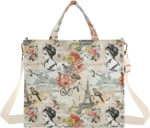 Vintage Parisian Theme Tote Bag Large Capacity for Women Handbag Corduroy Crossbody Shoulder Bag