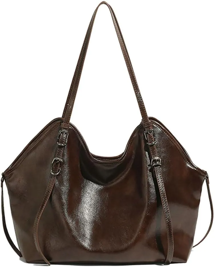 Vintage Soft Leather Tote Bag for Women, Large Capacity Stylish Shoulder Crossbody Purse, Fashionable Retro Handbag