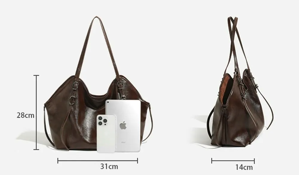 Vintage Soft Leather Tote Bag for Women, Large Capacity Stylish Shoulder Crossbody Purse, Fashionable Retro Handbag