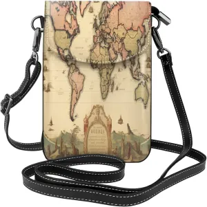 Vintage World Map Leather Crossbody Bag For Women, Education Map Small Cell Phone Purse Mini Shoulder Phone Bag Wallet Pouch