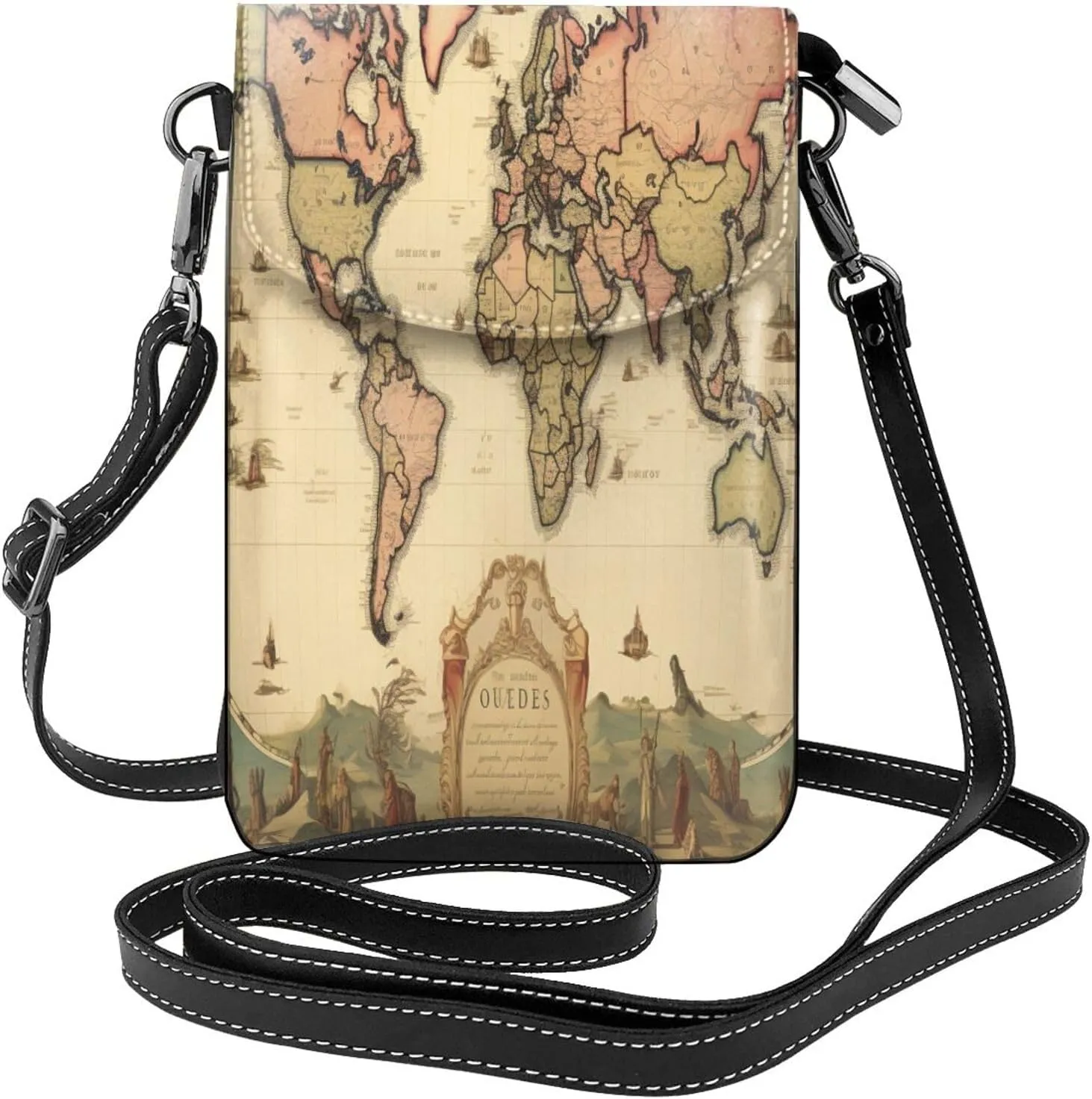 Vintage World Map Leather Crossbody Bag For Women, Education Map Small Cell Phone Purse Mini Shoulder Phone Bag Wallet Pouch