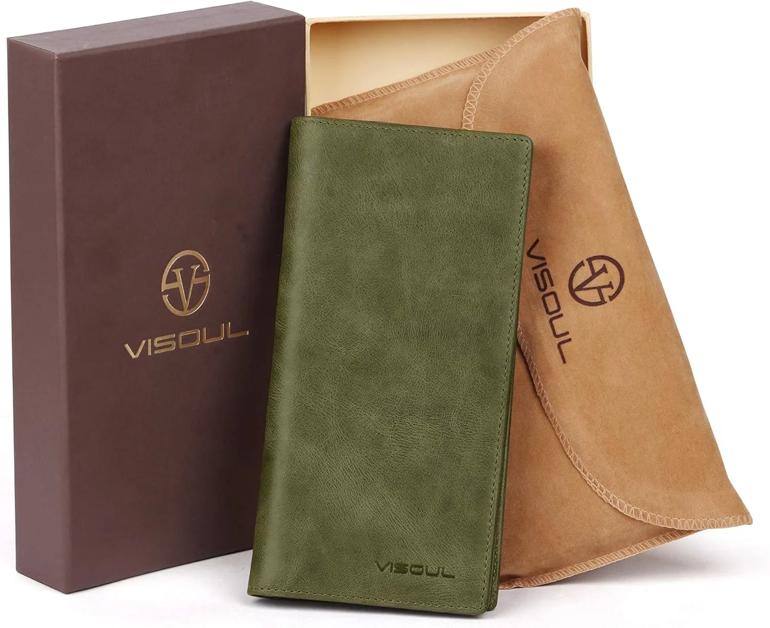 VISOUL Mens Long Bifold Checkbook Wallets Genuine Leather, Tall Checkbook RFID Wallets with Multi Card Pocket for Men (Olive Green)