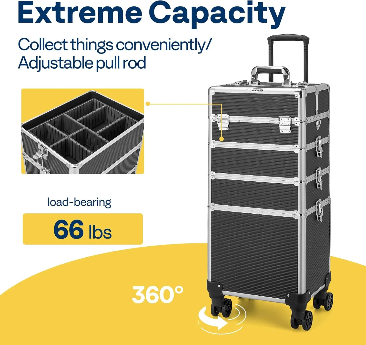 VIVOHOME 4 in 1 Makeup Rolling Train Case Aluminum Trolley Professional Cosmetic Organizer Box with Shoulder Straps 2 Keys Black(Cosmetic are not included)