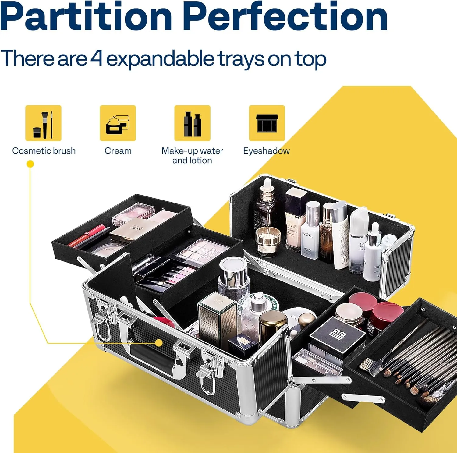 VIVOHOME 4 in 1 Makeup Rolling Train Case Aluminum Trolley Professional Cosmetic Organizer Box with Shoulder Straps 2 Keys Black(Cosmetic are not included)