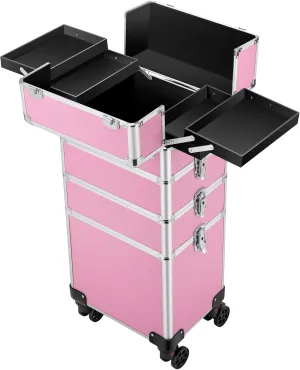VIVOHOME 4 in 1 Makeup Rolling Train Case Aluminum Trolley Professional Cosmetic Organizer Box with Shoulder Straps 2 Keys Pink(Cosmetic are not included)