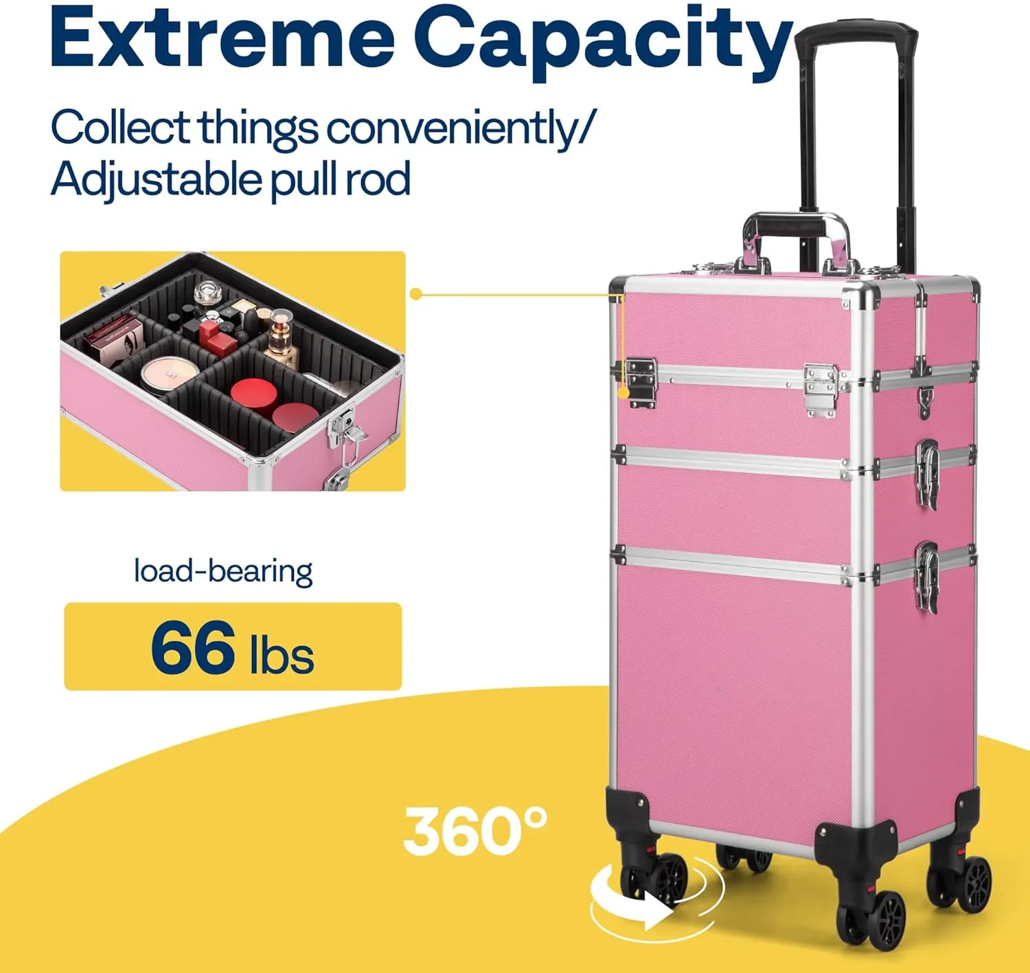 VIVOHOME 4 in 1 Makeup Rolling Train Case Aluminum Trolley Professional Cosmetic Organizer Box with Shoulder Straps 2 Keys Pink(Cosmetic are not included)