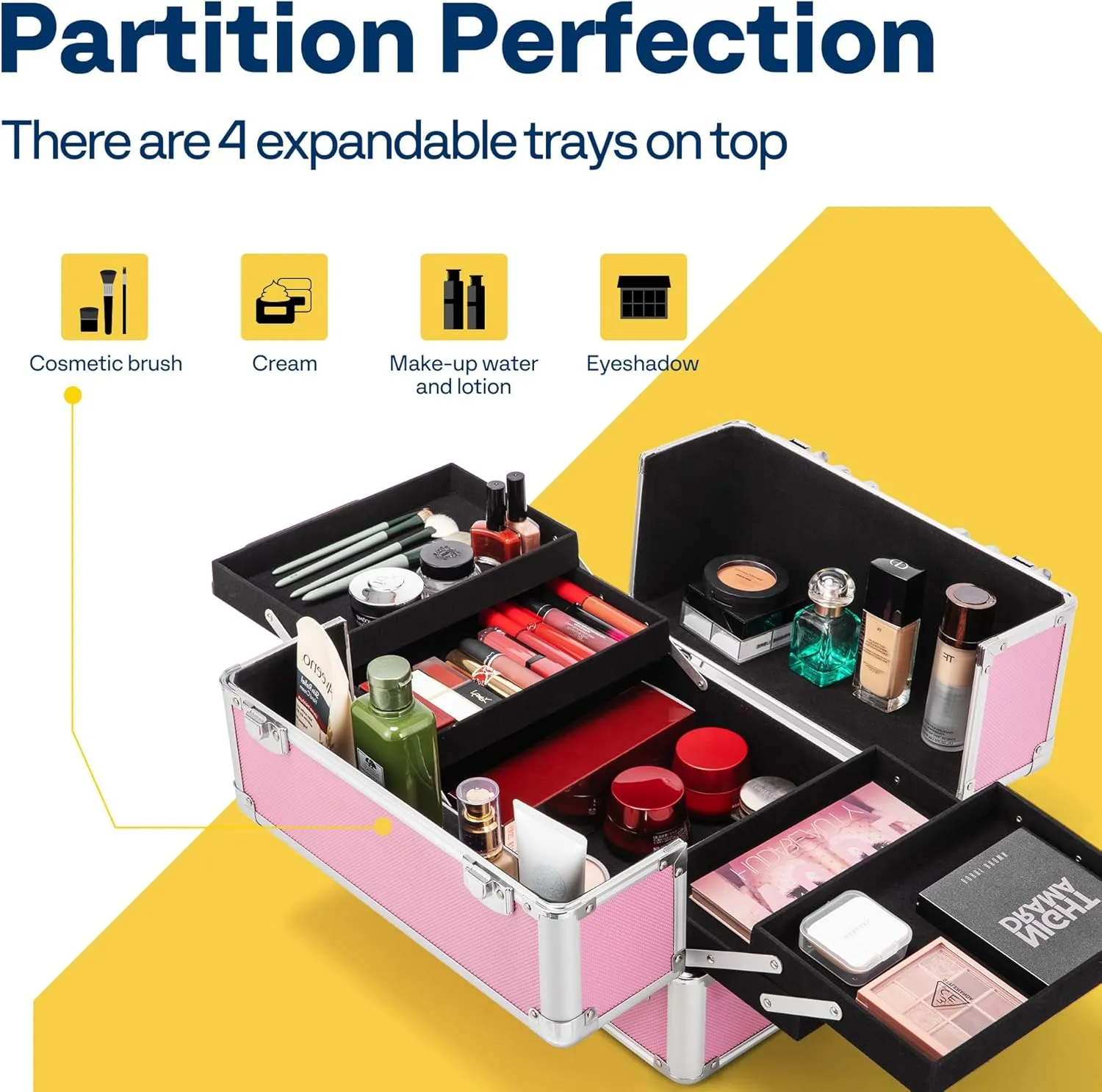 VIVOHOME 4 in 1 Makeup Rolling Train Case Aluminum Trolley Professional Cosmetic Organizer Box with Shoulder Straps 2 Keys Pink(Cosmetic are not included)