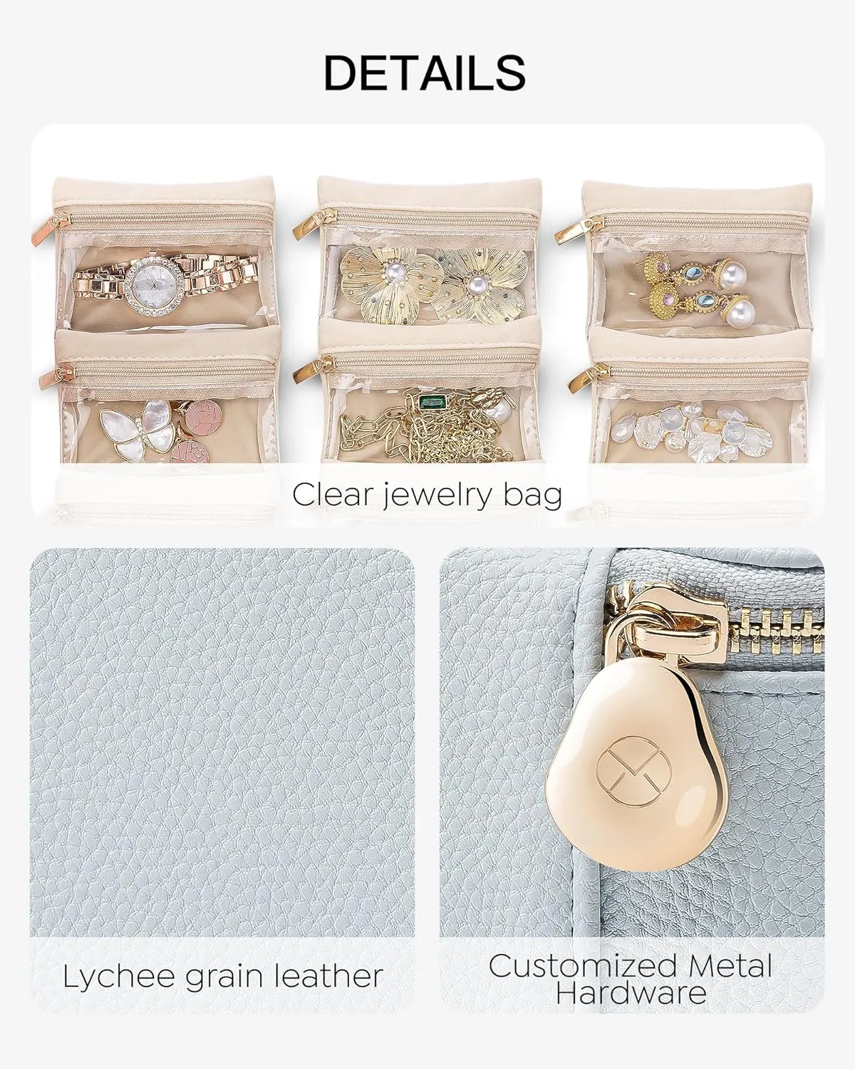 Vlando Small Jewelry Organizer,Travel Jewelry Case with 6 Velvet Jewelry Zipper Bags for Girls,Ideas Gifts for Christmas Wedding,Birthday,Graduation-Baby Blue