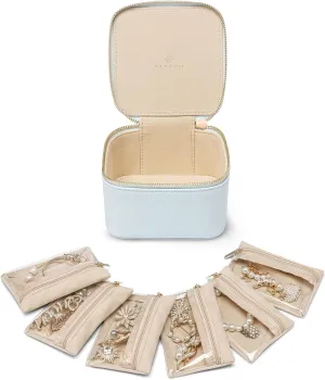 Vlando Small Jewelry Organizer,Travel Jewelry Case with 6 Velvet Jewelry Zipper Bags for Girls,Ideas Gifts for Christmas Wedding,Birthday,Graduation-Baby Blue
