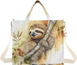 Vnurnrn Corduroy Tote Bag for Women - Watercolor Sloth, Handbag Purse with Detachable Strap