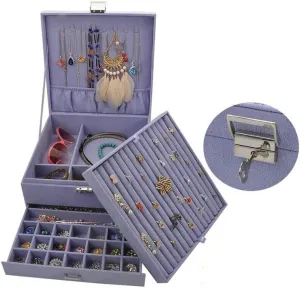 VSULZVNU Makeup Organizers 3-Layer Jewelry Box Storage Box Necklace Ring Bracelet Bracelet Earrings Watch Jewelry Storage Box Velvet Jewelry Box Jewelry Case (Color : Dark Purple) (Light Purple)