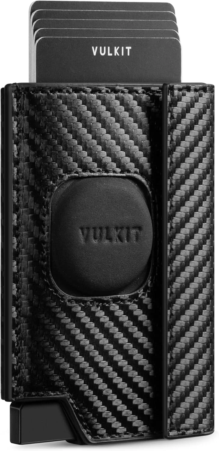 VULKIT Mens Card Holder with Airtag Cover, Pop-Up Credit Card Ejector RFID Blocking, ID Window and Coin Pocket, Magnetic Closure, Gift Box Packed, Carbon Black
