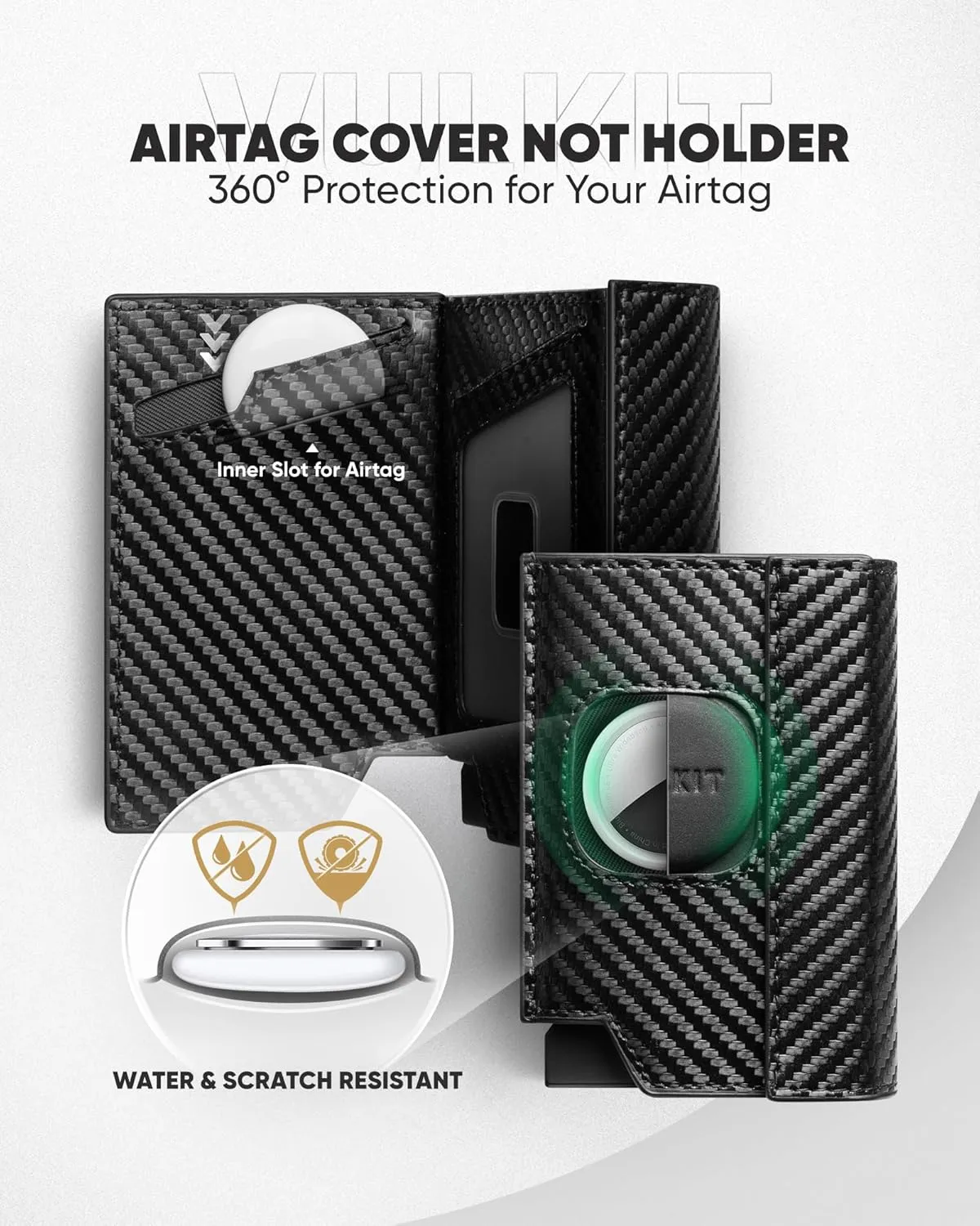 VULKIT Mens Card Holder with Airtag Cover, Pop-Up Credit Card Ejector RFID Blocking, ID Window and Coin Pocket, Magnetic Closure, Gift Box Packed, Carbon Black