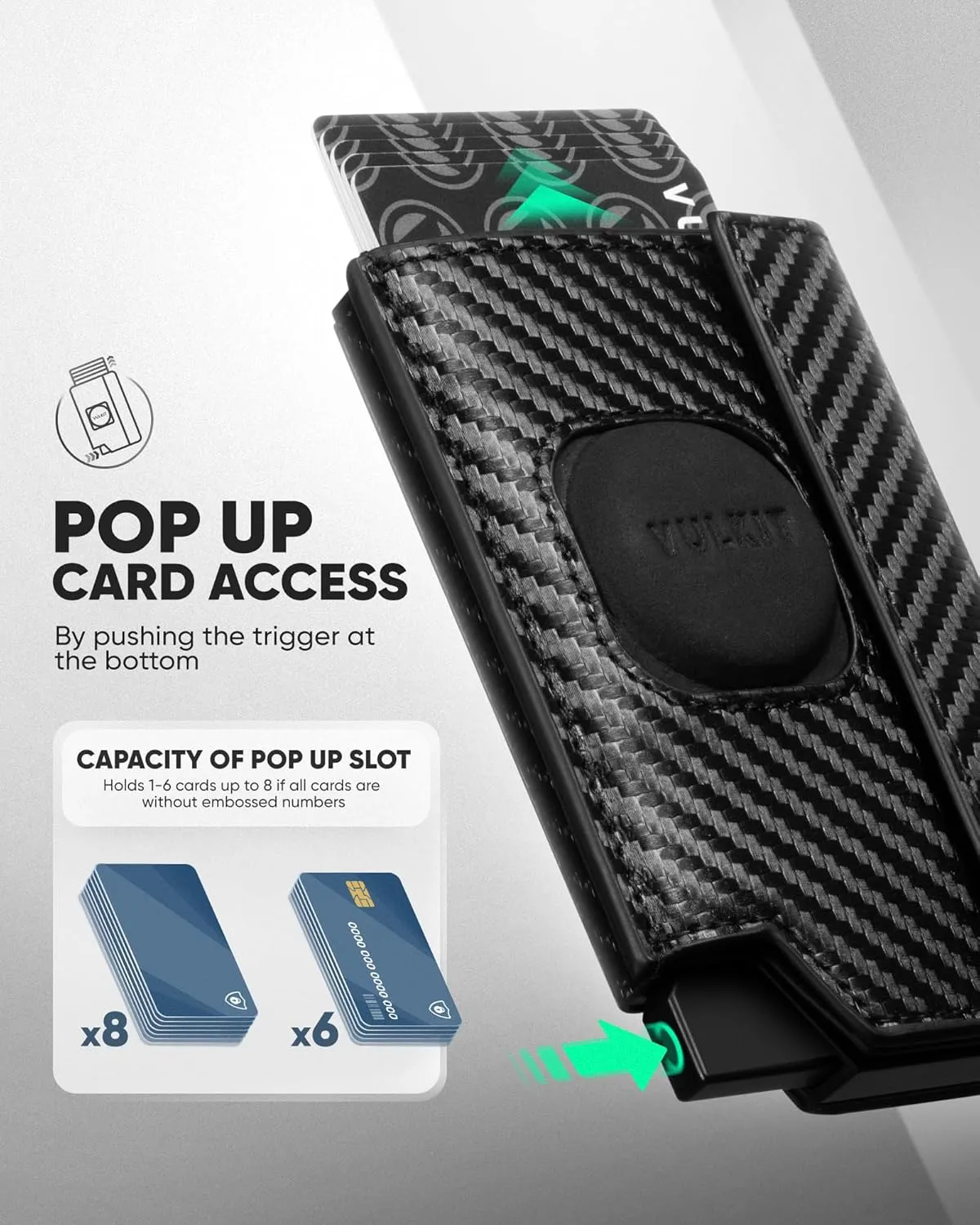 VULKIT Mens Card Holder with Airtag Cover, Pop-Up Credit Card Ejector RFID Blocking, ID Window and Coin Pocket, Magnetic Closure, Gift Box Packed, Carbon Black