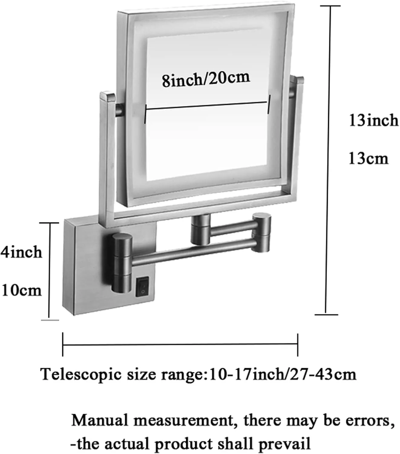 Wall-Mounted Vanity Mirror, Makeup Mirror with LED Lights, 8-inch and 1x/3x Magnification, Double-Sided with 360° Rotating Telescopic Arm for Bathroom (Black Concealed)