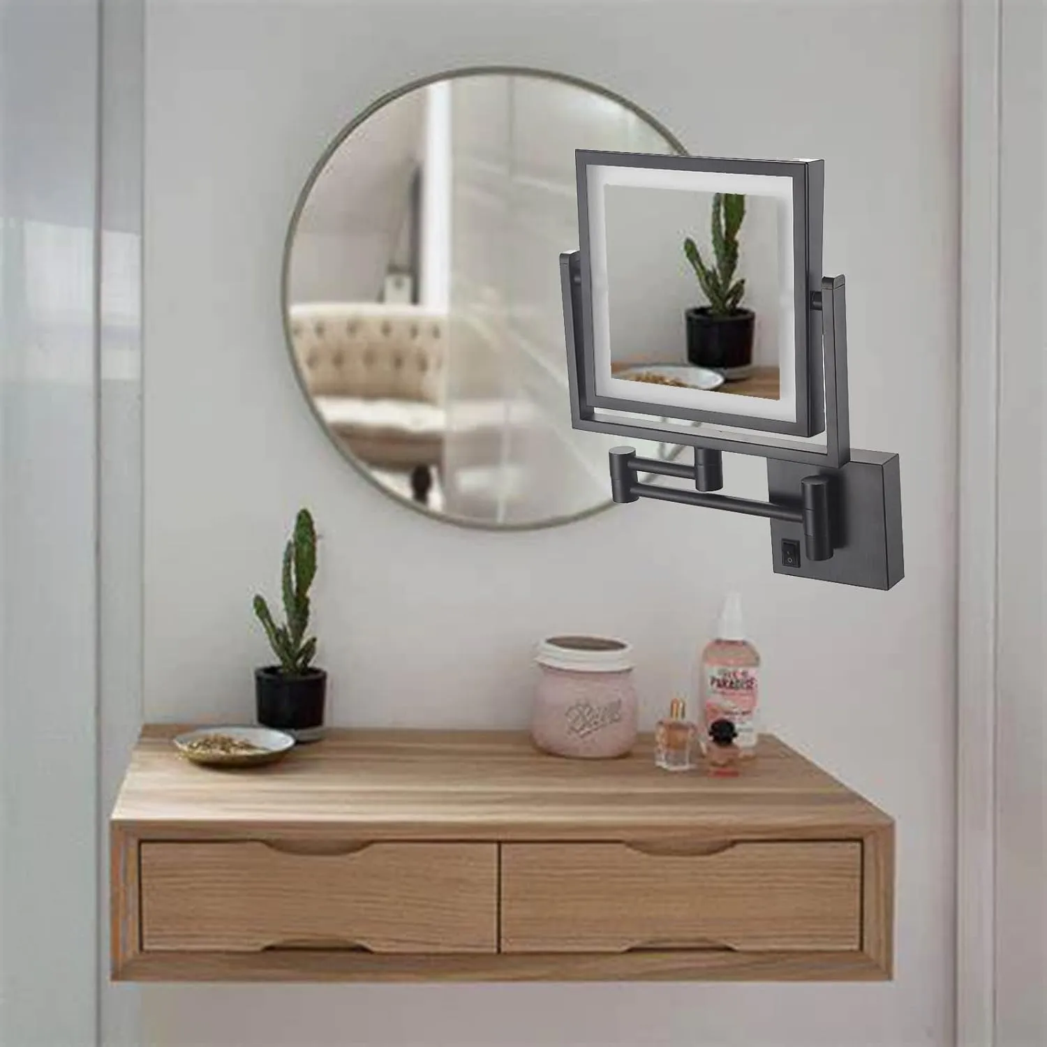 Wall-Mounted Vanity Mirror, Makeup Mirror with LED Lights, 8-inch and 1x/3x Magnification, Double-Sided with 360° Rotating Telescopic Arm for Bathroom (Black Concealed)