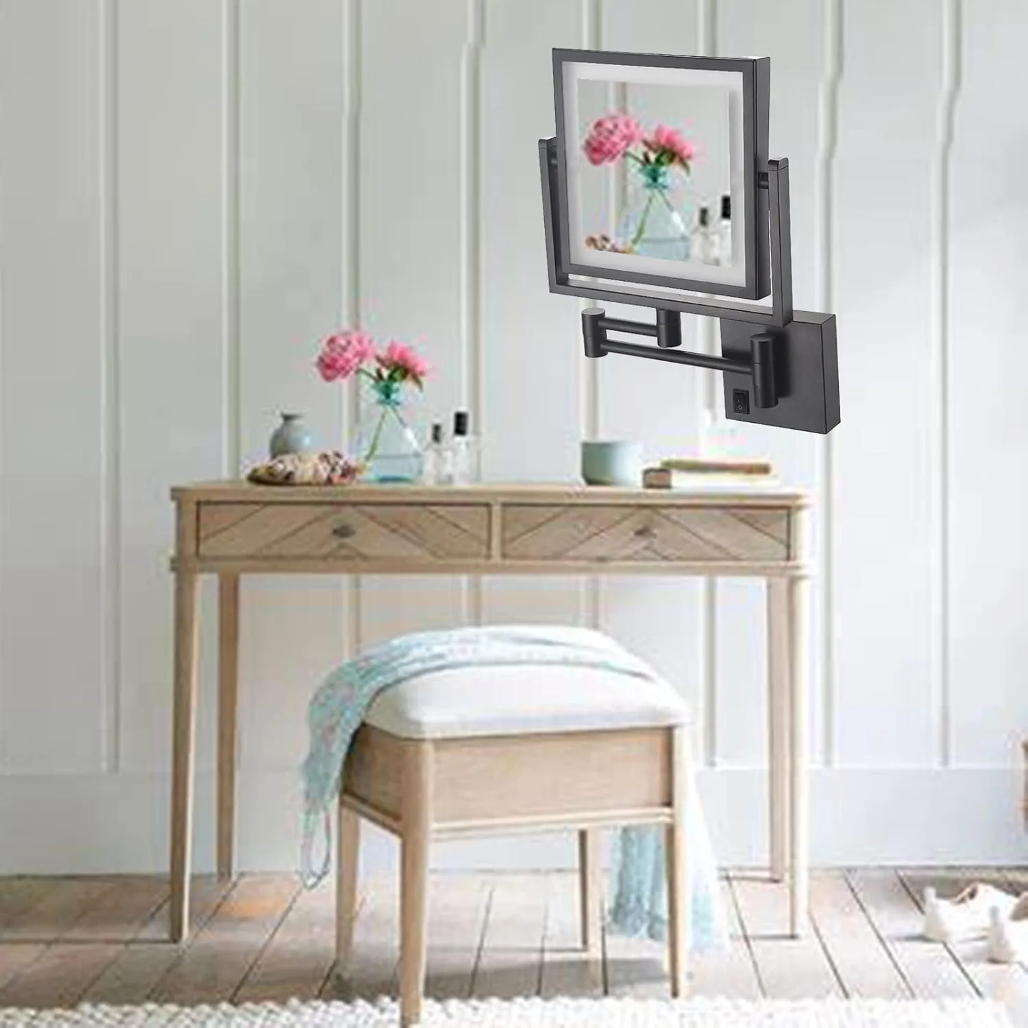 Wall-Mounted Vanity Mirror, Makeup Mirror with LED Lights, 8-inch and 1x/3x Magnification, Double-Sided with 360° Rotating Telescopic Arm for Bathroom (Black Concealed)