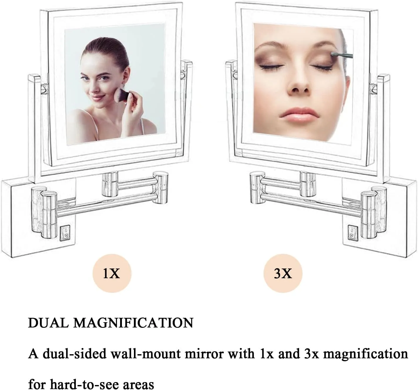Wall-Mounted Vanity Mirror, Makeup Mirror with LED Lights, 8-inch and 1x/3x Magnification, Double-Sided with 360° Rotating Telescopic Arm for Bathroom (Black Concealed)
