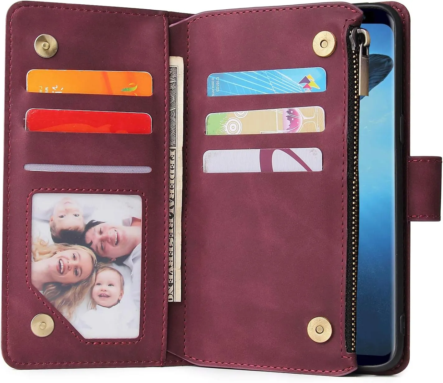Wallet Case for Galaxy S8,Samsung S8 Case,Leather Handbag Zipper Pocket Card Holder Slots Wrist Strap Flip Protective Phone Cover for Samsung Galaxy S8(Wine Red)