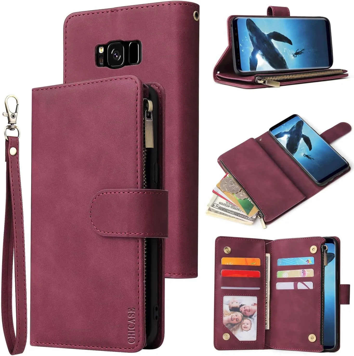 Wallet Case for Galaxy S8,Samsung S8 Case,Leather Handbag Zipper Pocket Card Holder Slots Wrist Strap Flip Protective Phone Cover for Samsung Galaxy S8(Wine Red)