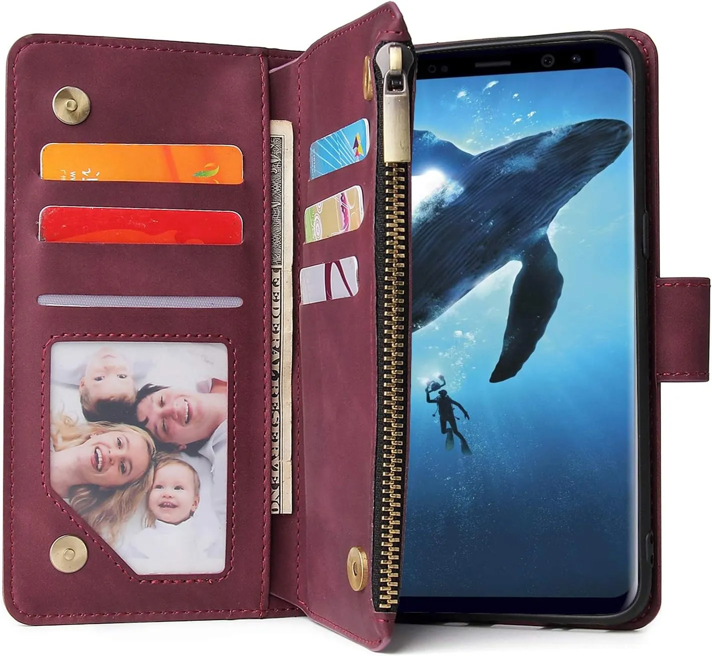 Wallet Case for Galaxy S8,Samsung S8 Case,Leather Handbag Zipper Pocket Card Holder Slots Wrist Strap Flip Protective Phone Cover for Samsung Galaxy S8(Wine Red)