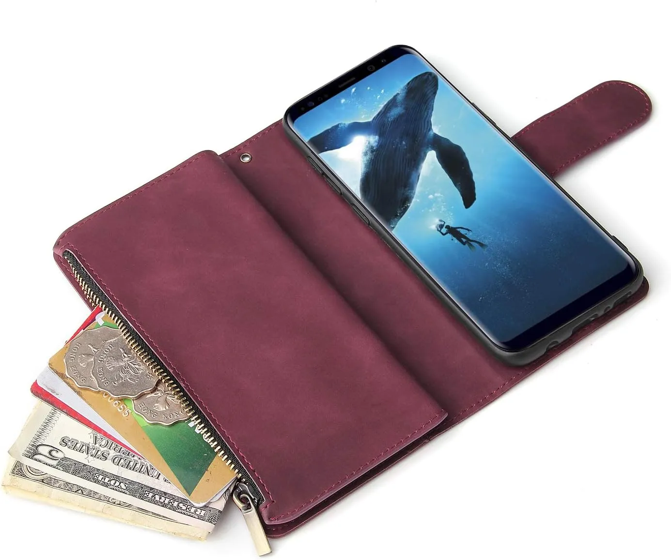 Wallet Case for Galaxy S8,Samsung S8 Case,Leather Handbag Zipper Pocket Card Holder Slots Wrist Strap Flip Protective Phone Cover for Samsung Galaxy S8(Wine Red)