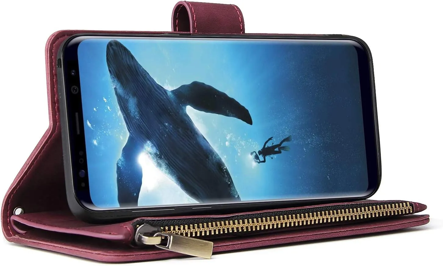 Wallet Case for Galaxy S8,Samsung S8 Case,Leather Handbag Zipper Pocket Card Holder Slots Wrist Strap Flip Protective Phone Cover for Samsung Galaxy S8(Wine Red)
