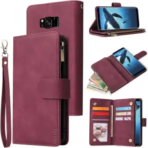 Wallet Case for Galaxy S8,Samsung S8 Case,Leather Handbag Zipper Pocket Card Holder Slots Wrist Strap Flip Protective Phone Cover for Samsung Galaxy S8(Wine Red)