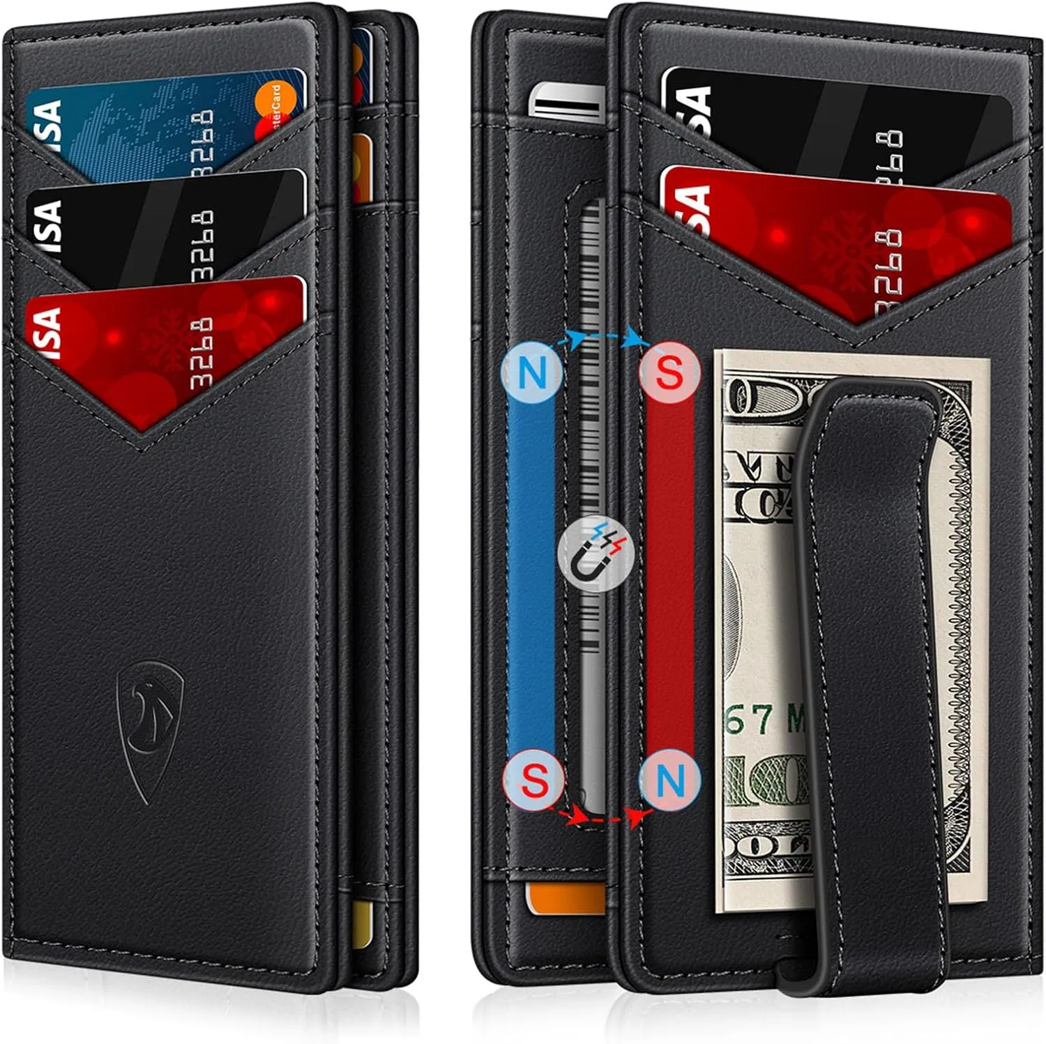 Wallet for Men Slim Leather Wallets for 12-15 Cards, Minimalist Thin RFID Blocking Card Holder with Money Clip & ID Window, Small Bifold Front Pocket Wallet, Gifts for Men