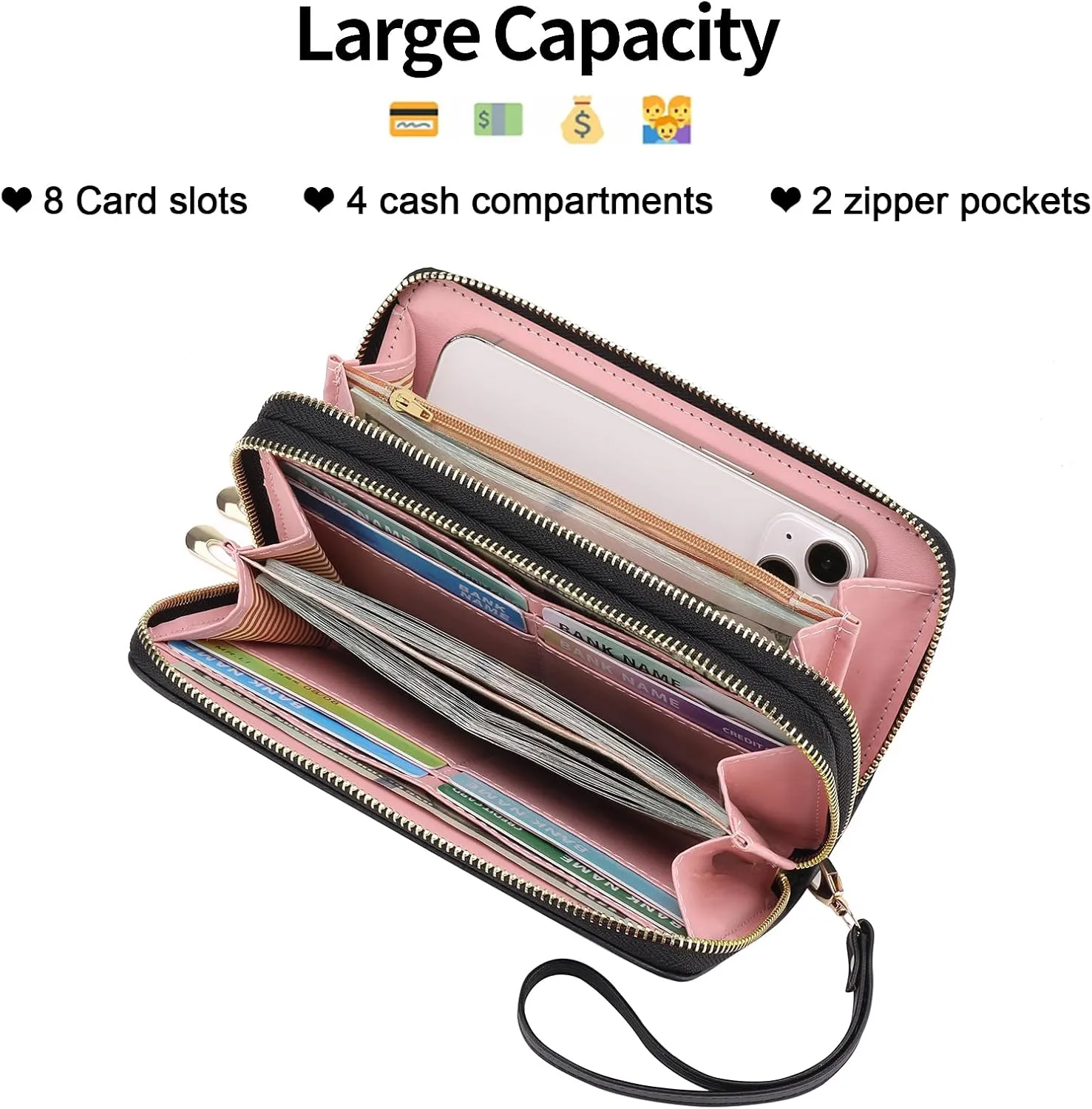 Wallet for Women RFID Blocking Leather Credit Card Holder with Double Zipper Large Capacity Phone Wristlet Purse