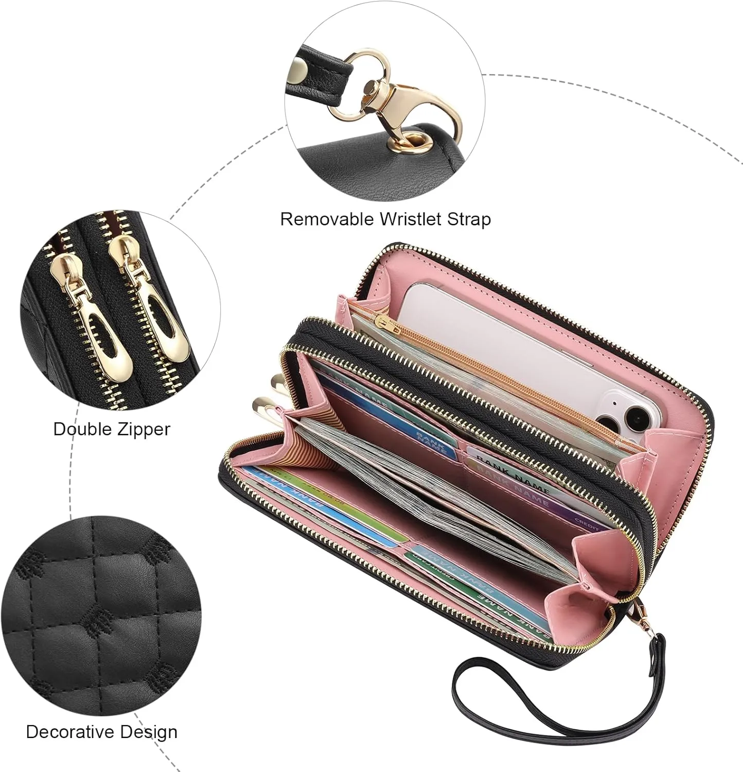Wallet for Women RFID Blocking Leather Credit Card Holder with Double Zipper Large Capacity Phone Wristlet Purse