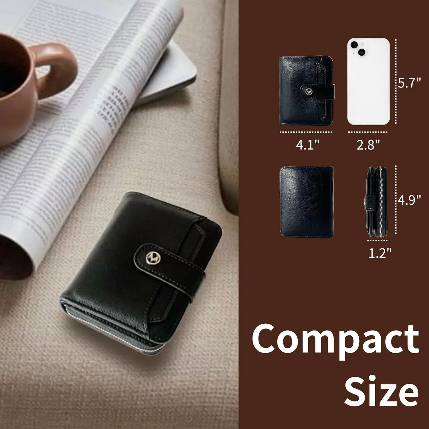 Wallet Women Small Leather Bifold Billfolds Zipper Coin Pocket Cash Compact Credit Card Holder with Detachable ID Window (Black)