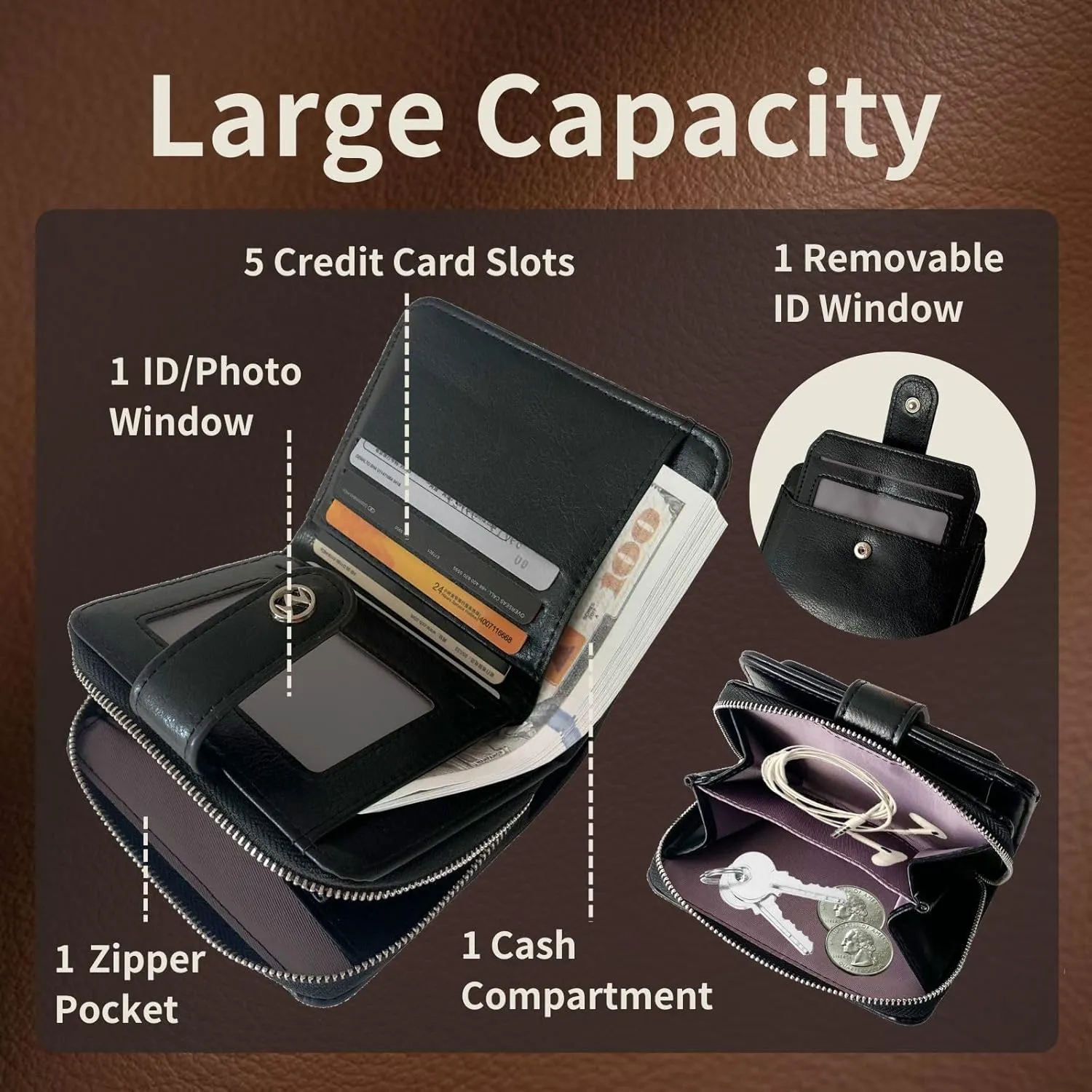 Wallet Women Small Leather Bifold Billfolds Zipper Coin Pocket Cash Compact Credit Card Holder with Detachable ID Window (Black)