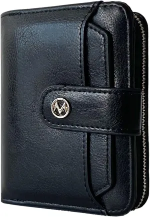 Wallet Women Small Leather Bifold Billfolds Zipper Coin Pocket Cash Compact Credit Card Holder with Detachable ID Window (Black)