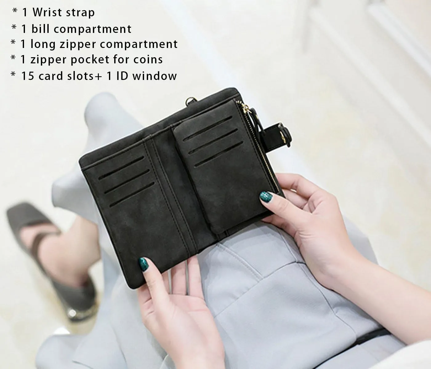 Wallets for Women Bifold Small Rfid Soft Leather Ladies Wallets Trifold Womens Wallets Billfolds Mini Wristlet Clutch Cute Zipper Coin Purse with Wrist Strap