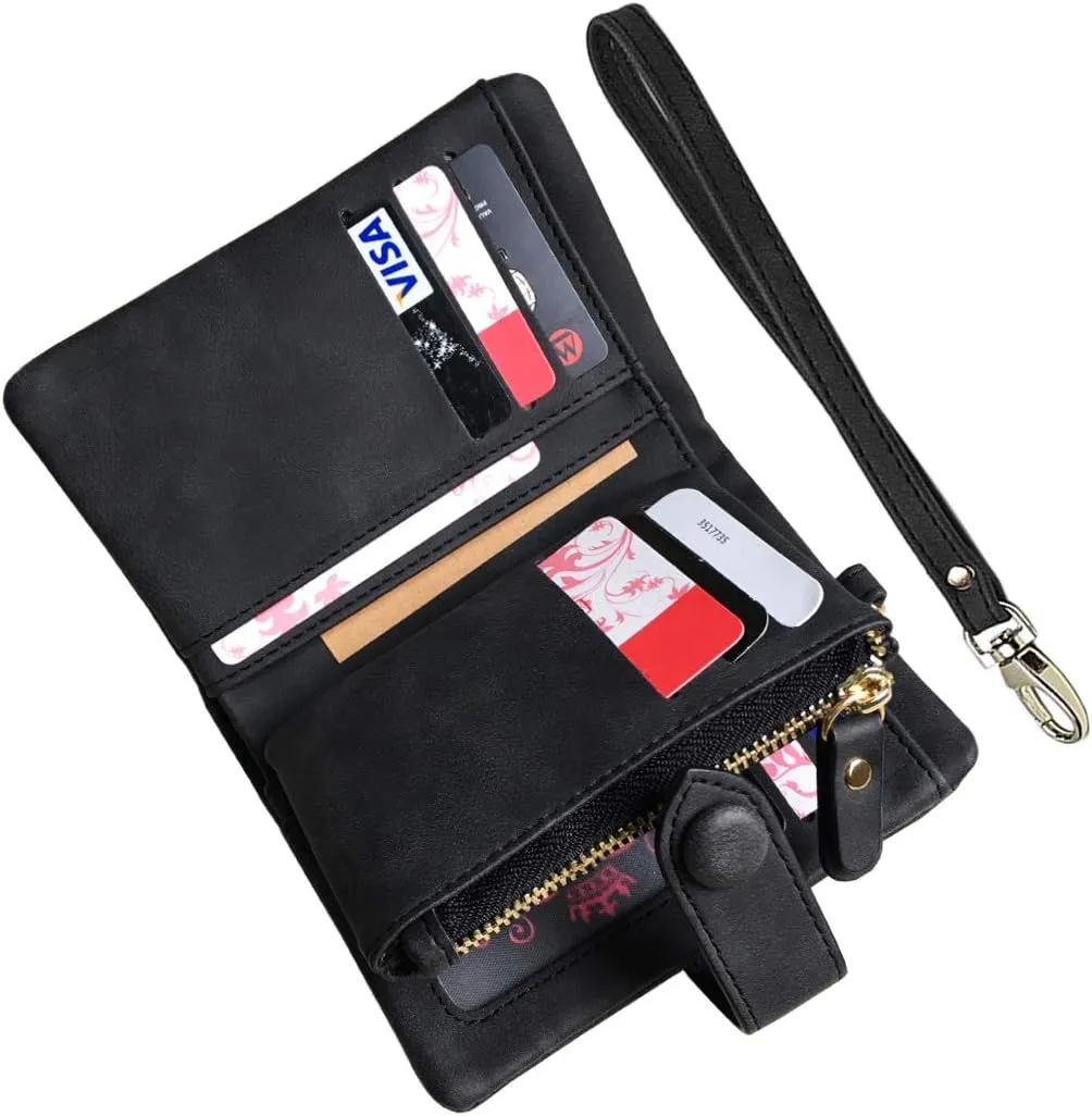 Wallets for Women Bifold Small Rfid Soft Leather Ladies Wallets Trifold Womens Wallets Billfolds Mini Wristlet Clutch Cute Zipper Coin Purse with Wrist Strap